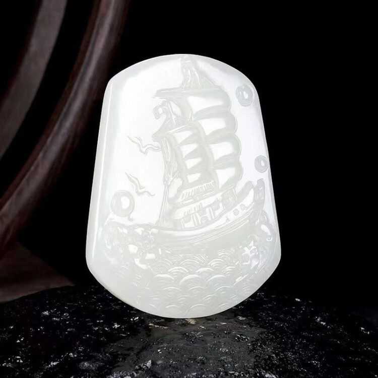 新疆和田玉一帆风顺吊坠天然白玉乘风破浪挂件男女款平安牌送证书