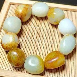 新疆和田玉手链黄沁皮原石籽料手链白玉带黄沁皮手串男款手串手链