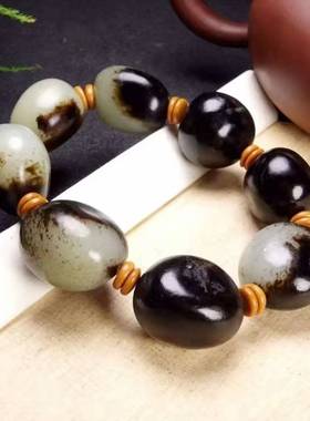 白玉带黑皮原石籽料手串手链