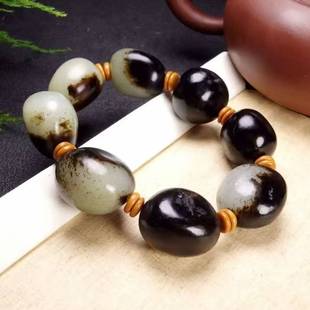 保真新疆和田玉手链羊脂级白玉带黑皮原石籽料手串手链男款玉手链