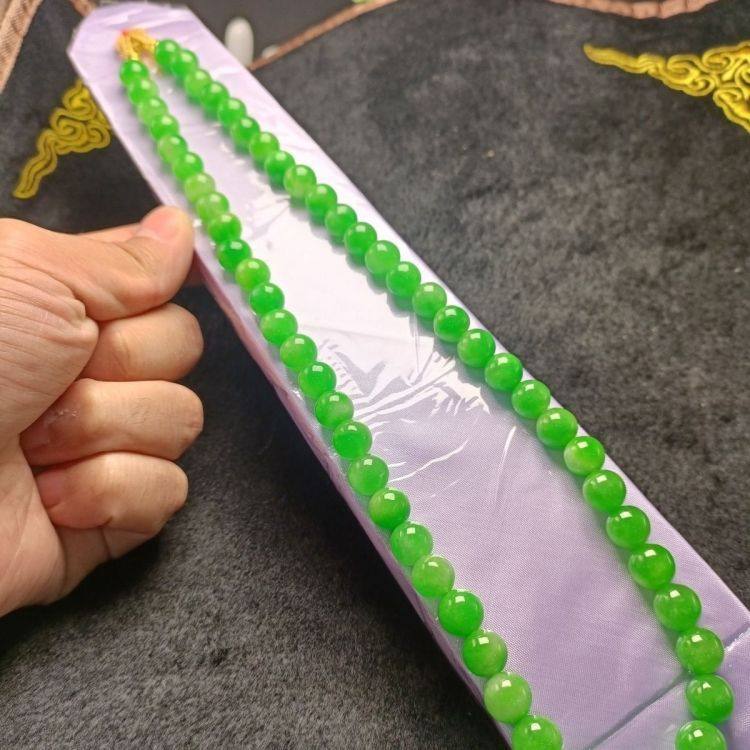 高品质缅甸翡翠处理圆珠项链阳绿辣绿满绿翡翠项链帝王绿圆珠项链