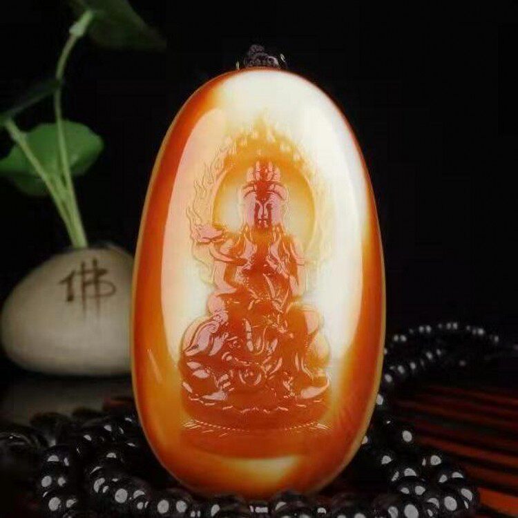 羊脂玉红皮籽料普贤菩萨吊坠