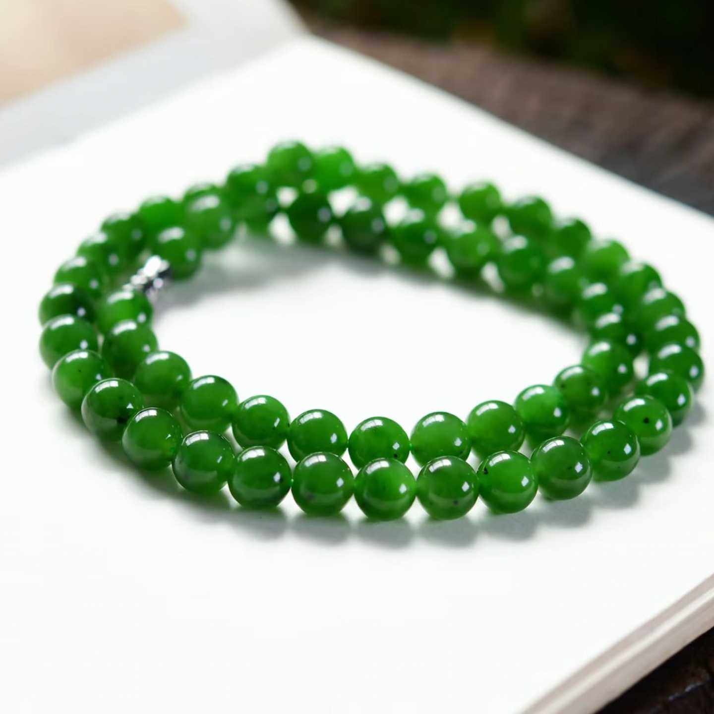 天然和田玉项链俄料7号矿碧玉圆珠菠菜绿项链女款玉项链珠链包邮