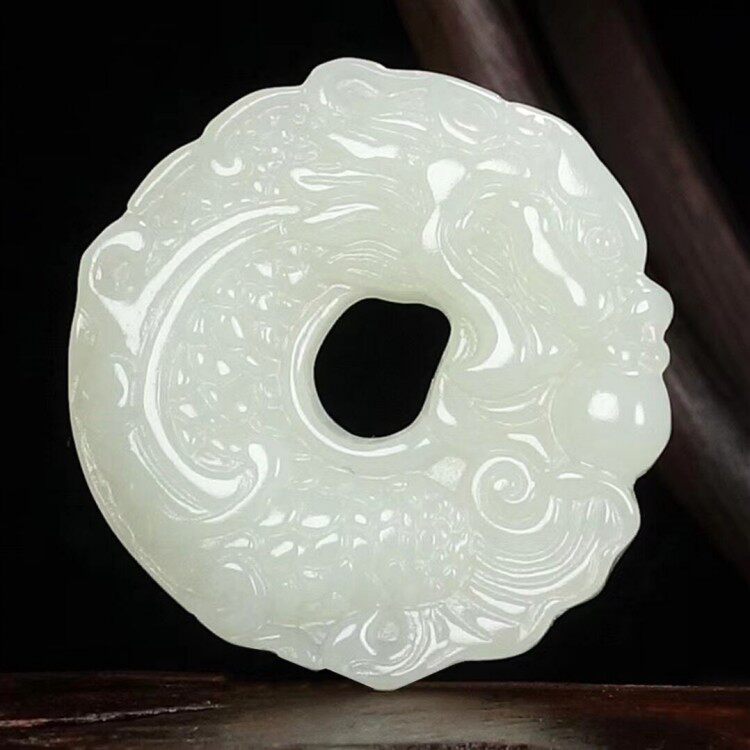 和田玉龙行天下平安扣吊坠男女款白玉鱼化龙项链双面立体龙鳌玉佩