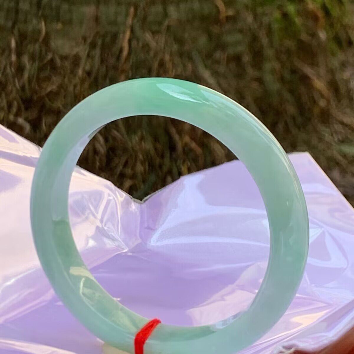 冰糯种豆绿色飘花翡翠处理玉镯子