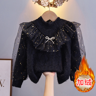 女童加绒加厚蕾丝拼接立领亮片蝴蝶结公主风打底衫黑色保暖上衣