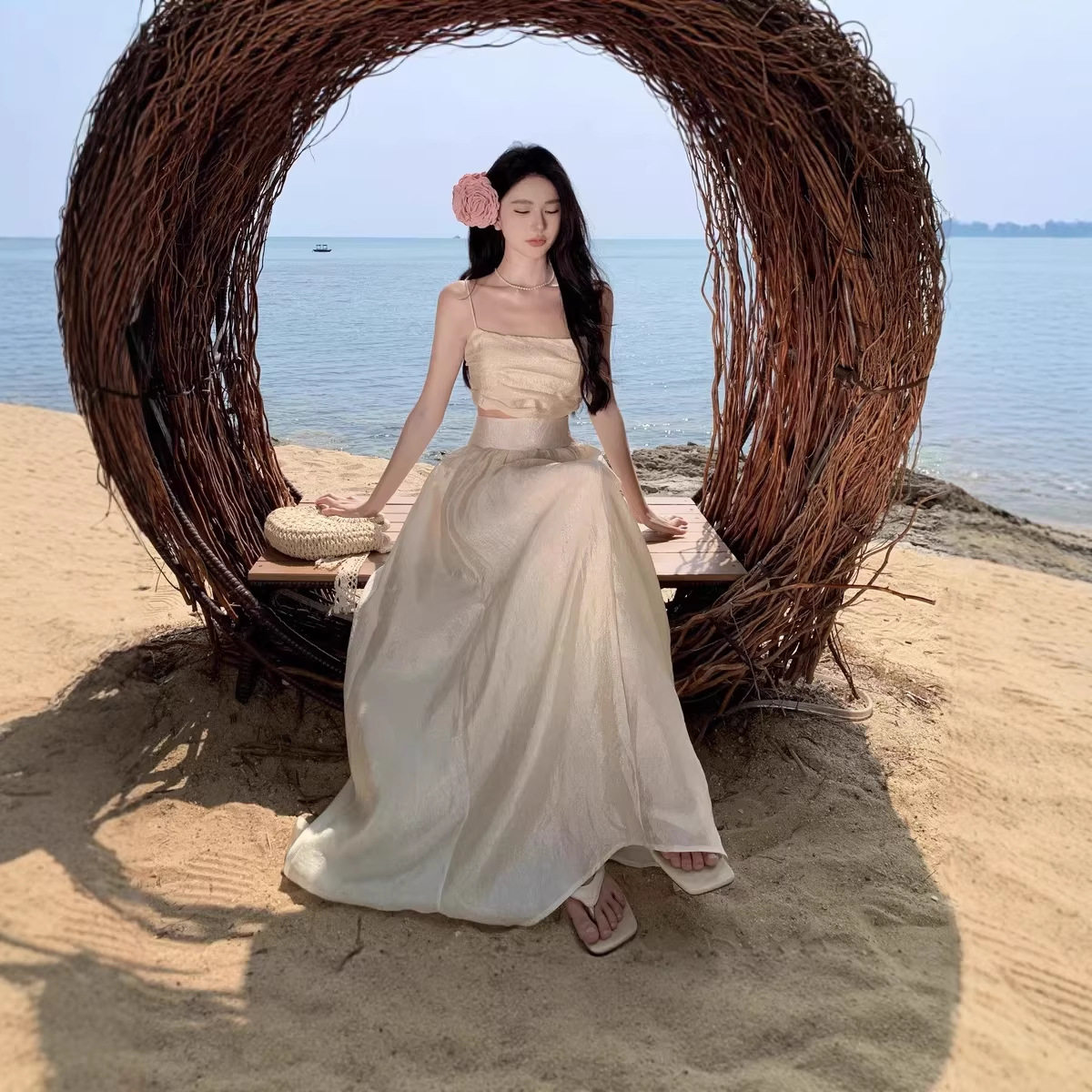 海边度假风穿搭套装2026性感辣妹一字肩抹胸上衣a字半身裙两件套