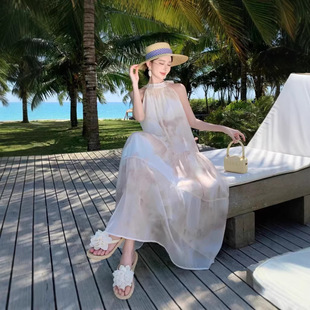 2026源头工厂晕染欧根纱大摆露背挂脖连衣裙女夏季超仙氛围感海边