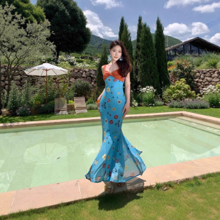 法式印花荷叶边连衣裙女夏日绝美海边度假辣妹独特漂亮收腰长裙子