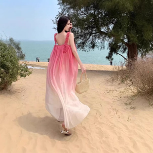 度假拍照沙滩裙海边甜美惊艳粉色渐变仙女气质雪纺连衣裙超仙裙子