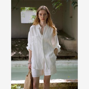白色亚麻老钱风衬衫女夏薄款慵懒松弛高级感棉麻衬衣短裤防晒套装