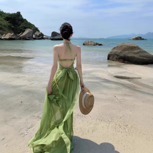 2026源头工厂绿色荡领雪纺吊带连衣裙夏季 海边度假绝美高级感气质