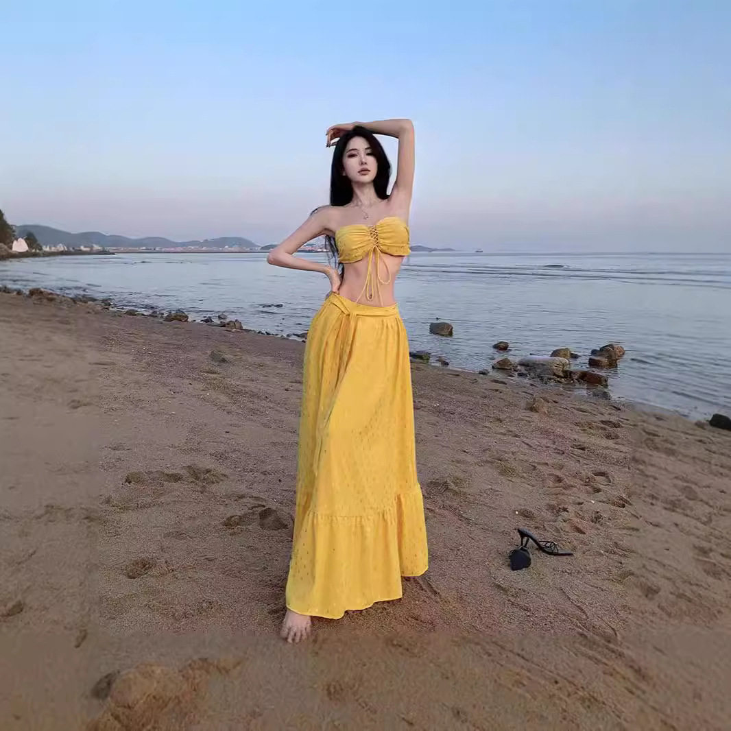 2024跨境新品夏季多巴胺海边度假风性感褶皱抹胸上衣大摆半身裙两
