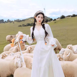 法式沙滩裙波西米亚风女夏季三亚超仙收腰显瘦长袖度假长裙连衣裙