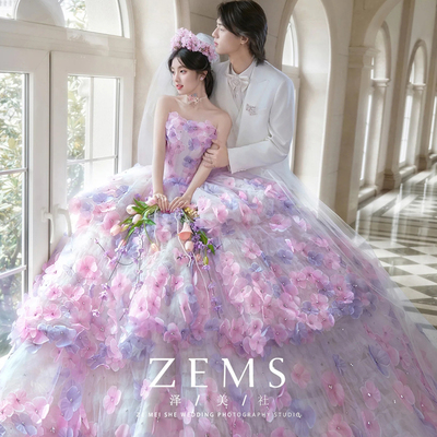 影楼主题新款紫色抹胸花神婚纱