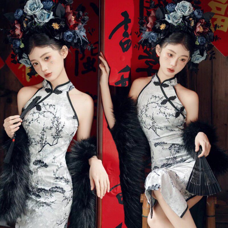 民族女簪花中式改良旗袍旅拍摄影