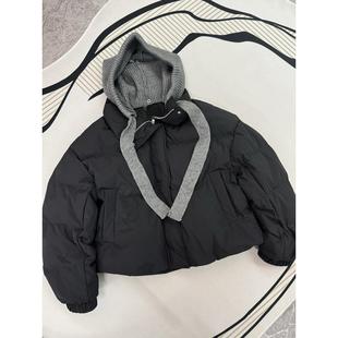 针织披肩羽绒服女短款连帽飘带收腰保暖外套减龄洋气外套简约显瘦