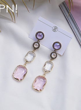 韩国个性气质简约水晶耳环女925银针粉紫色百搭耳坠时尚超仙耳钉