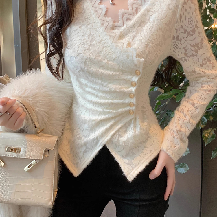 法式V领磨毛蕾丝时尚上衣打底衫