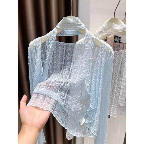 韩系蓝色冰丝网纱防晒开衫