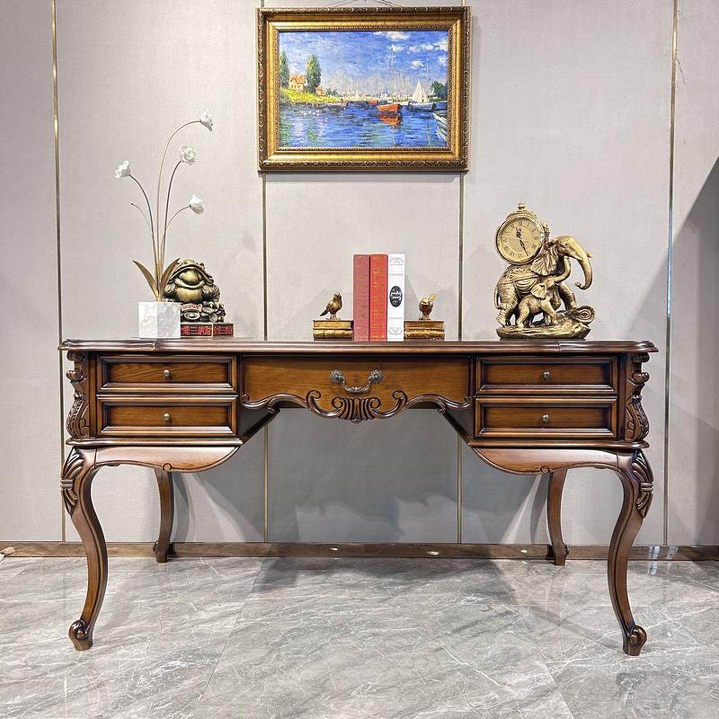 美式复古乡村实木书桌家用法式欧式电脑桌办公老板台轻奢家具做旧