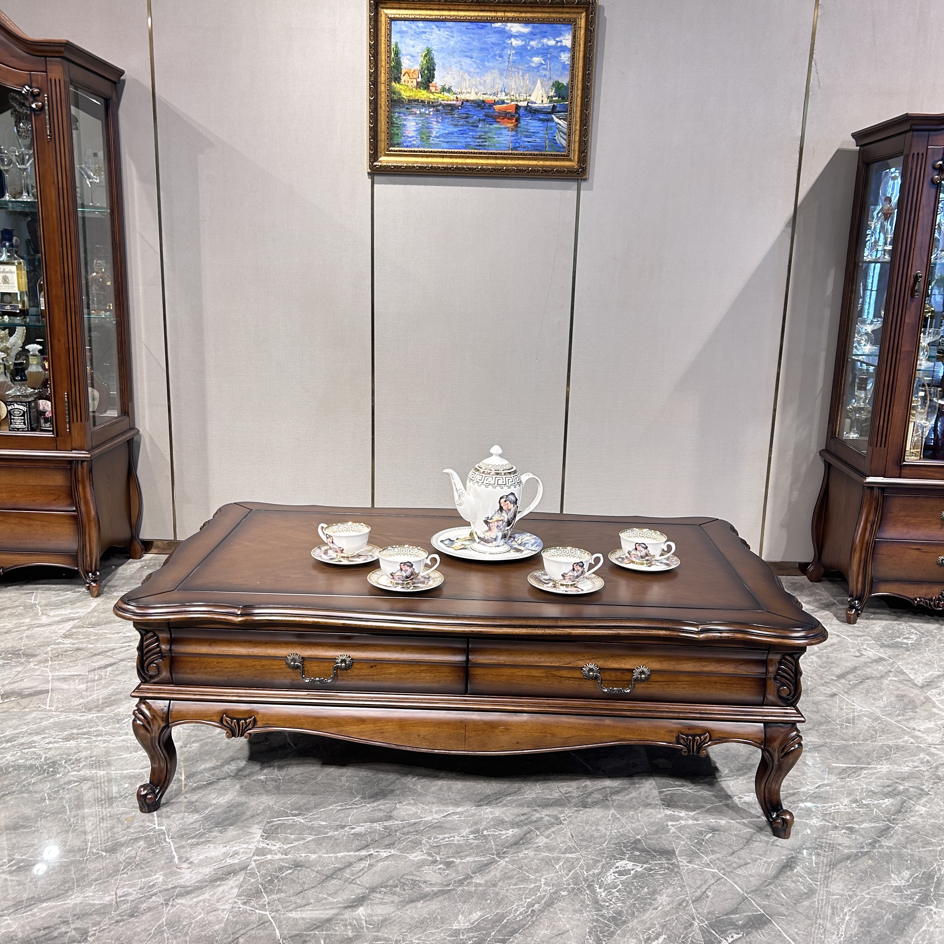 美式乡村茶几实木欧式客厅收纳储物雕花复古大师做旧设计方形桌面