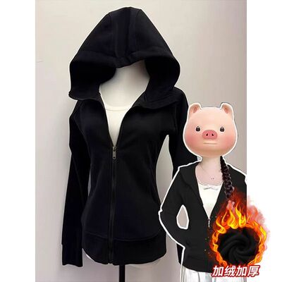 啄木鸟灰色正肩修身卫衣外套女秋冬季连帽开衫紧身上衣韩系开衫