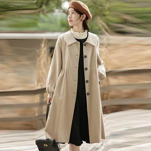 娃娃领中长款小个子风衣外套女