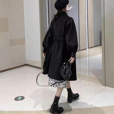 小个子黑色呢子大衣女收腰2024秋冬季法式赫本风毛呢外套女中长款