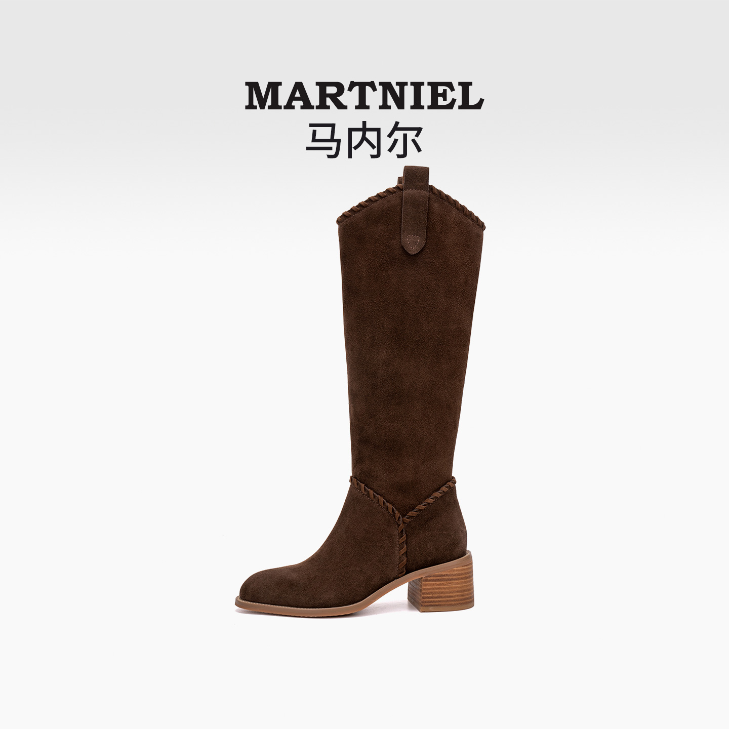 马内尔2025冬季复古西部牛仔长筒靴女棕色粗高跟美拉德时装骑士靴
