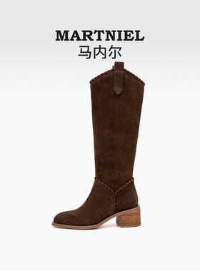 马内尔2025冬季复古西部牛仔长筒靴女棕色粗高跟美拉德时装骑士靴