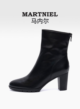 马内尔女靴2023冬季新款黑色英伦风休闲高跟粗跟百搭瘦瘦靴G39381