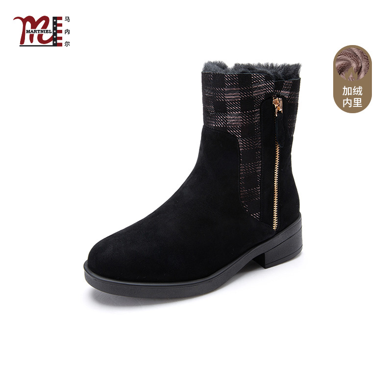 马内尔真皮侧拉链加绒防寒保暖雪地靴21年冬季圆头流行女靴G19456