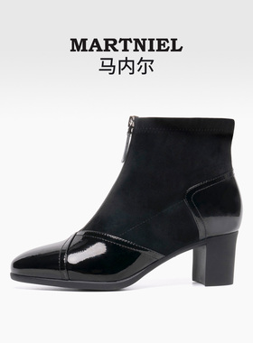 马内尔短筒靴女2023冬季新款黑色英伦风高跟防滑百搭马丁靴G39161
