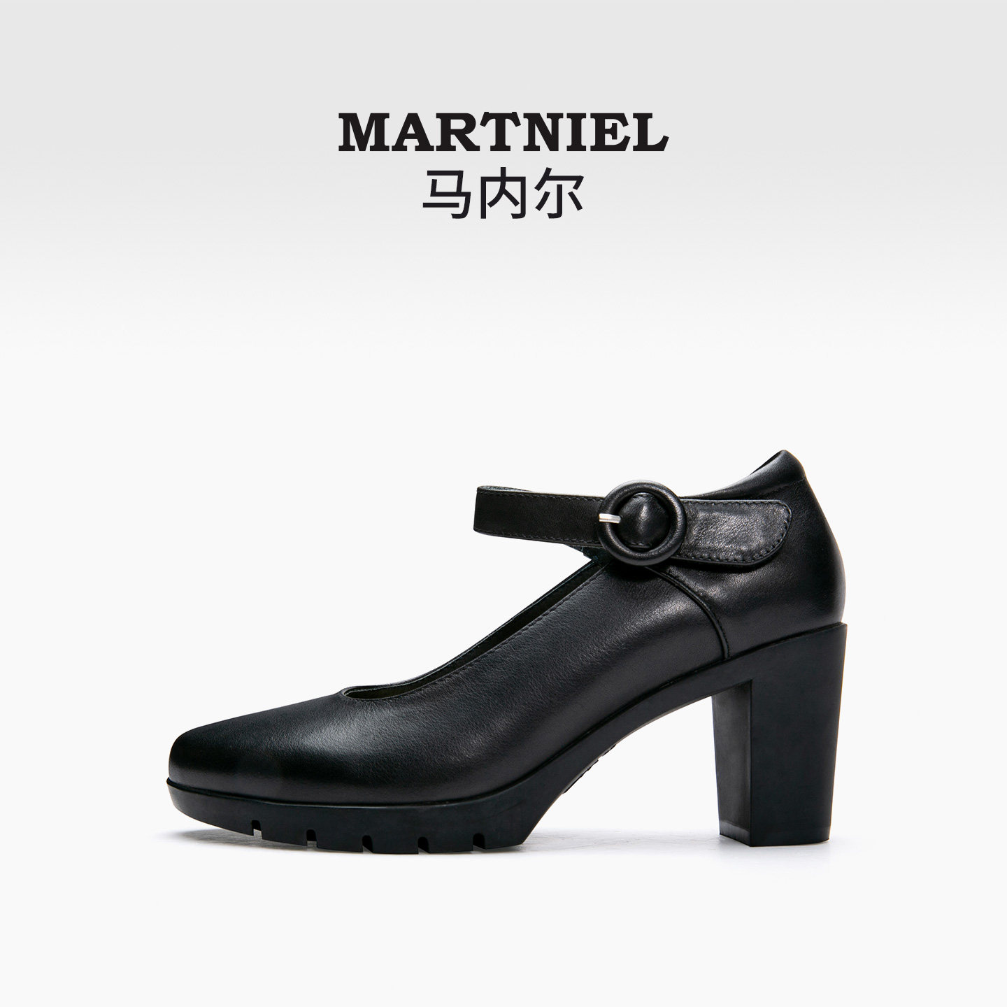 马内尔2025防水台黑色高跟鞋圆头一字扣通勤百搭粗跟单鞋女玛丽珍