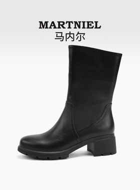 马内尔冬季新款黑色厚底侧拉链通勤粗跟百搭中筒女靴G29613