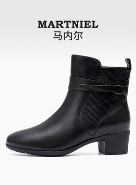 马内尔冬季短靴女秋冬新款黑色休闲加绒保暖粗跟防滑瘦瘦G29032