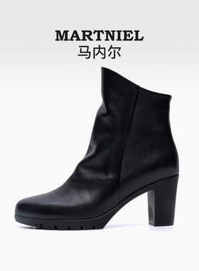 马内尔2025冬季新款短靴黑休闲侧拉链舒适瘦瘦靴高跟时装靴马丁靴