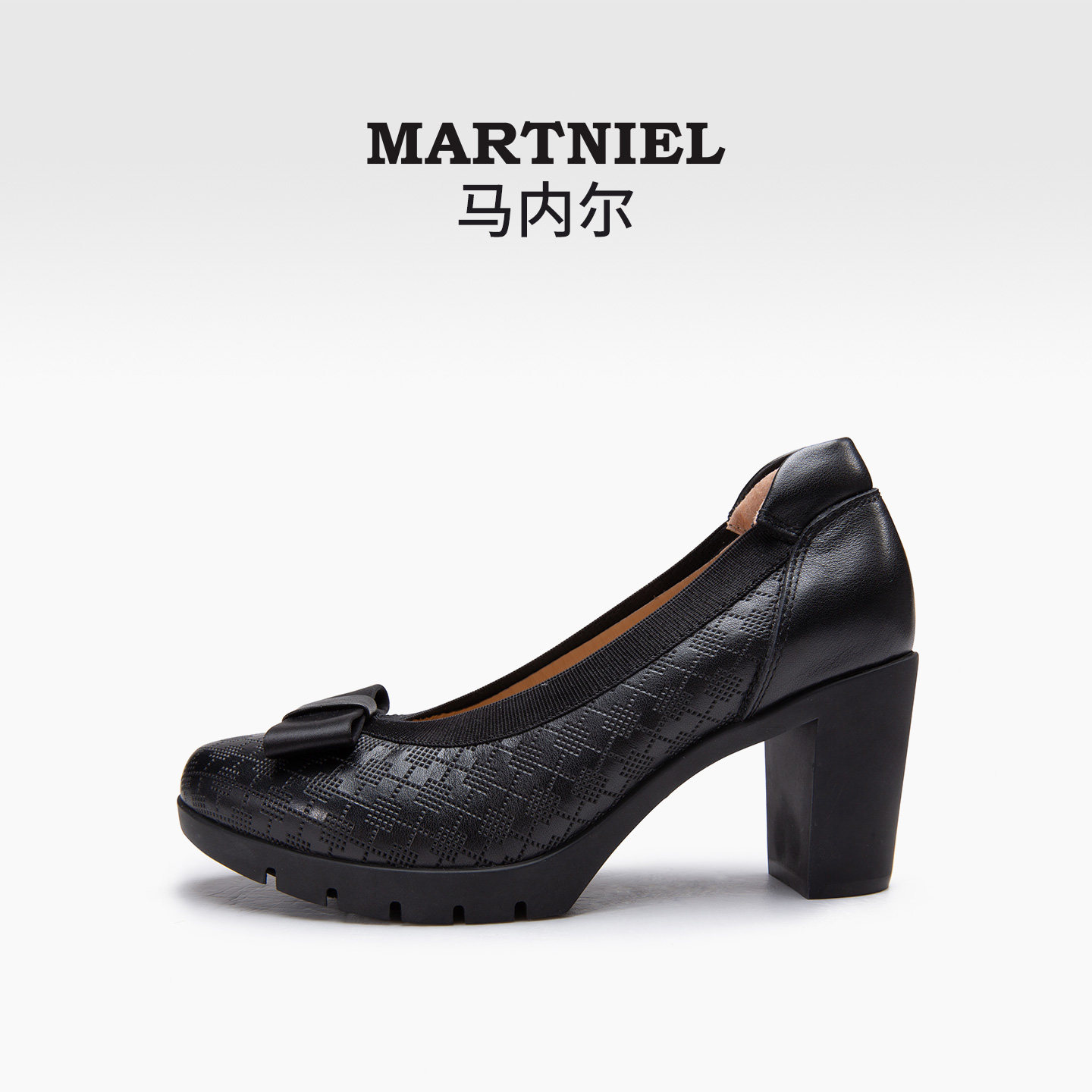 马内尔单鞋女早春新款黑色一脚蹬蝴蝶结浅口粗跟高跟妈妈鞋G25081