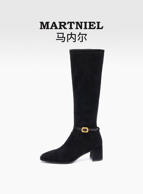 马内尔瘦瘦靴女2023冬季新款黑色休闲皮绒可选百搭高筒靴G39483
