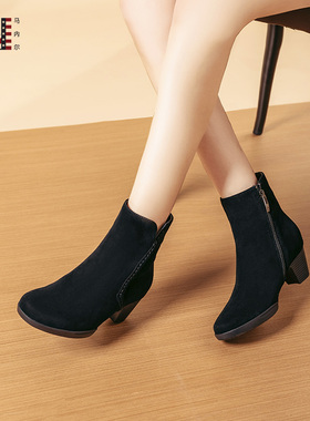 MARTNIEL/马内尔粗跟短靴女2025秋冬加绒侧拉链气质显瘦时装靴子