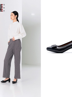 马内尔2024秋季新款真皮黑色鞋子中粗跟妈妈鞋一脚蹬单鞋女G45082