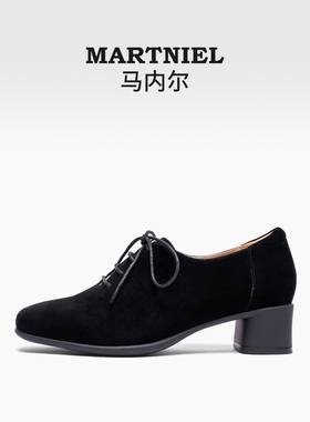 马内尔黑色深口羊皮女鞋中跟粗跟单鞋妈妈鞋磨砂皮尖头玛丽珍鞋
