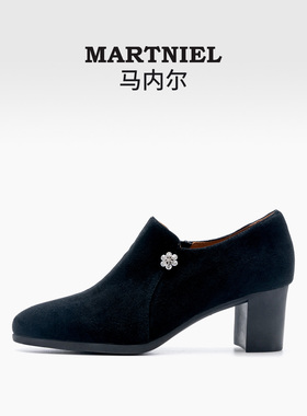 马内尔粗跟法式短靴小踝靴黑色单靴子小众复古高跟鞋女冬时装靴子