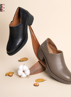 马内尔2024新款秋季靴子圆头牛皮单靴深口时装靴真皮妈妈鞋G45221