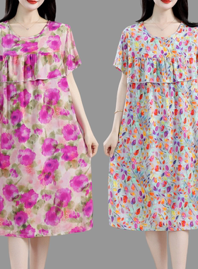 妈妈夏季棉绸连衣裙宽松花色防凸点家居服中老年女夏装人造棉睡裙