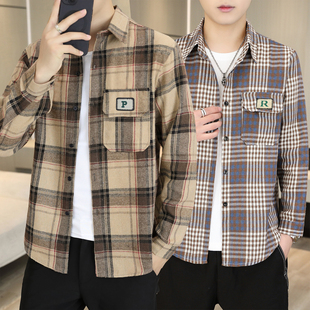 春秋新款男士夏季长袖衬衫外套薄款爸爸宽松格子洋气衬衣休闲上衣