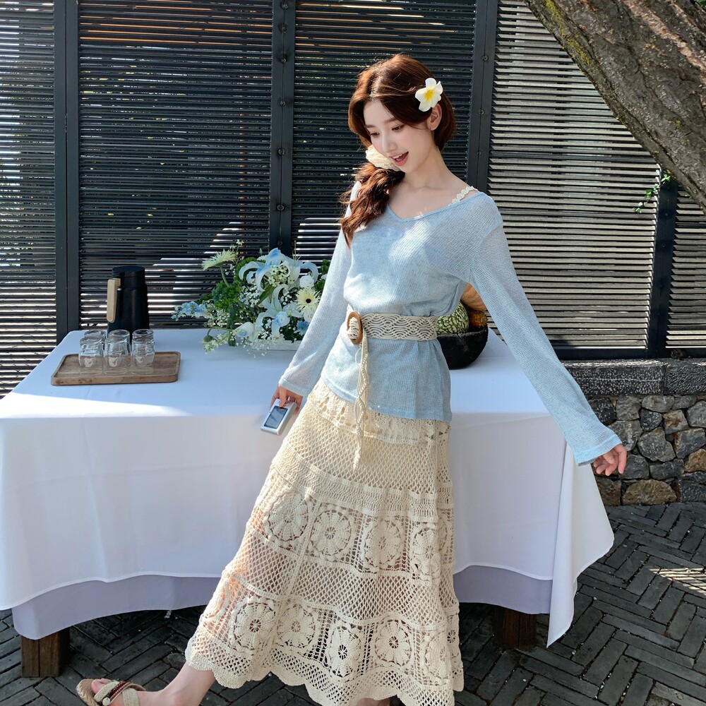 2025夏季新款时尚旅游风套装女蓝防晒T恤加半身裙两件套,女装套装/套裙,浙宝193A