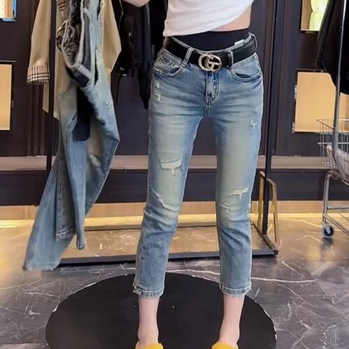 高腰弹力破洞显瘦八分烟管裤