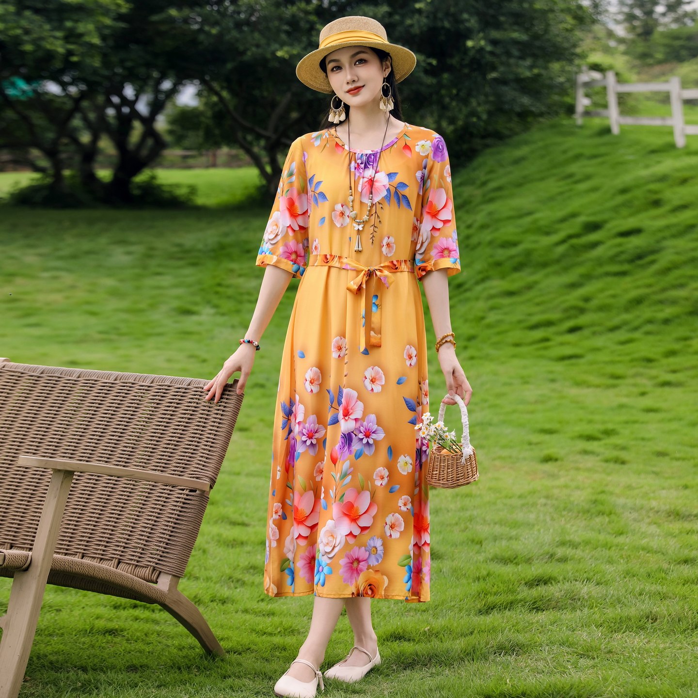2026新款度假风印花棉绸连衣裙女五分袖收腰长款显瘦气质系带裙子